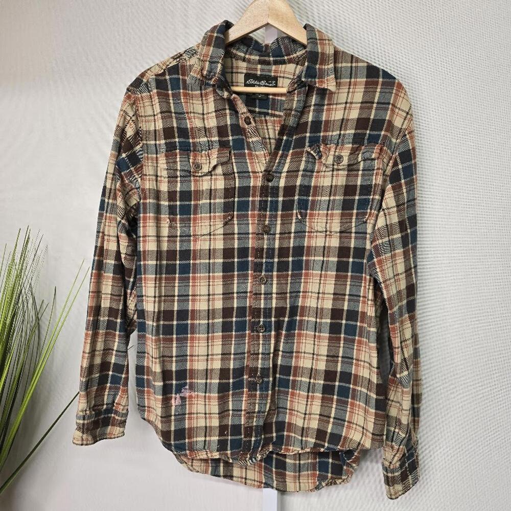 Eddie Bauer Mens Medium Brown Blue Plaid Long Sleeve Cotton Flannel Shirt